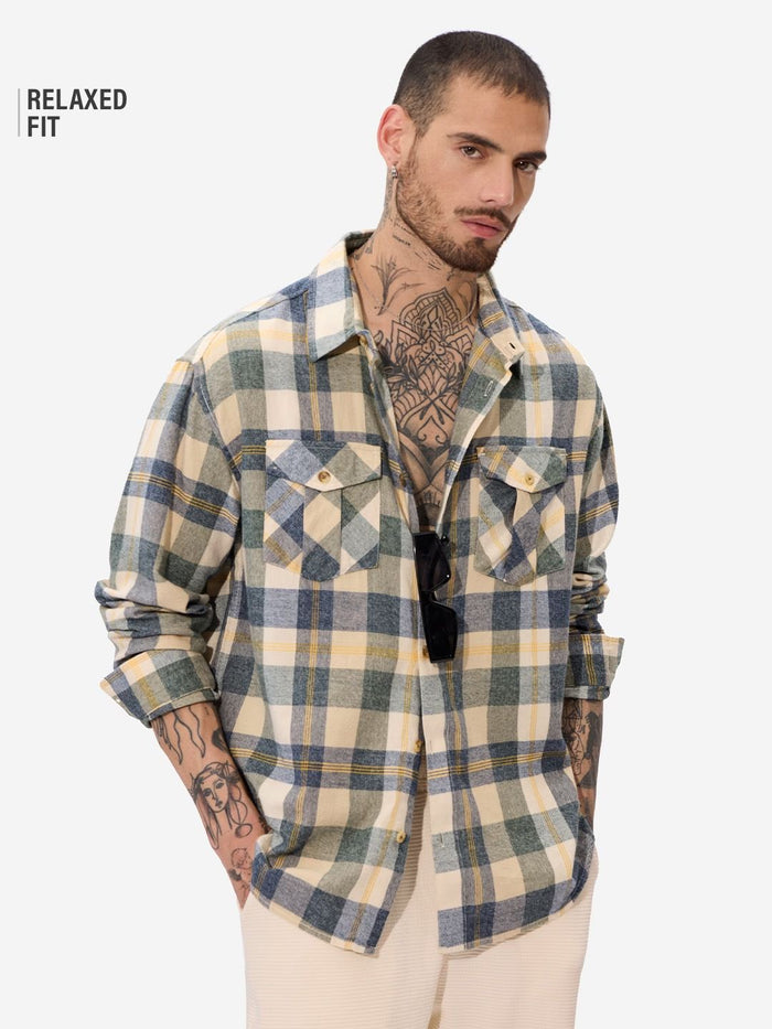 Plaid: Blue, Green, and Yellow Men Utility Shirts