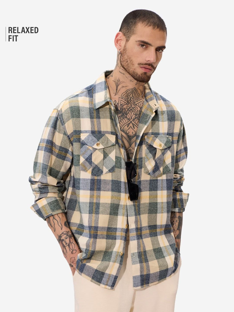 Plaid: Blue, Green, and Yellow Men Utility Shirts