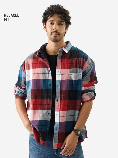 Plaid: Black, Blue and Red Men Relaxed Shirts
