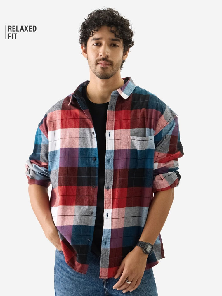 Plaid: Black, Blue and Red Men Relaxed Shirts