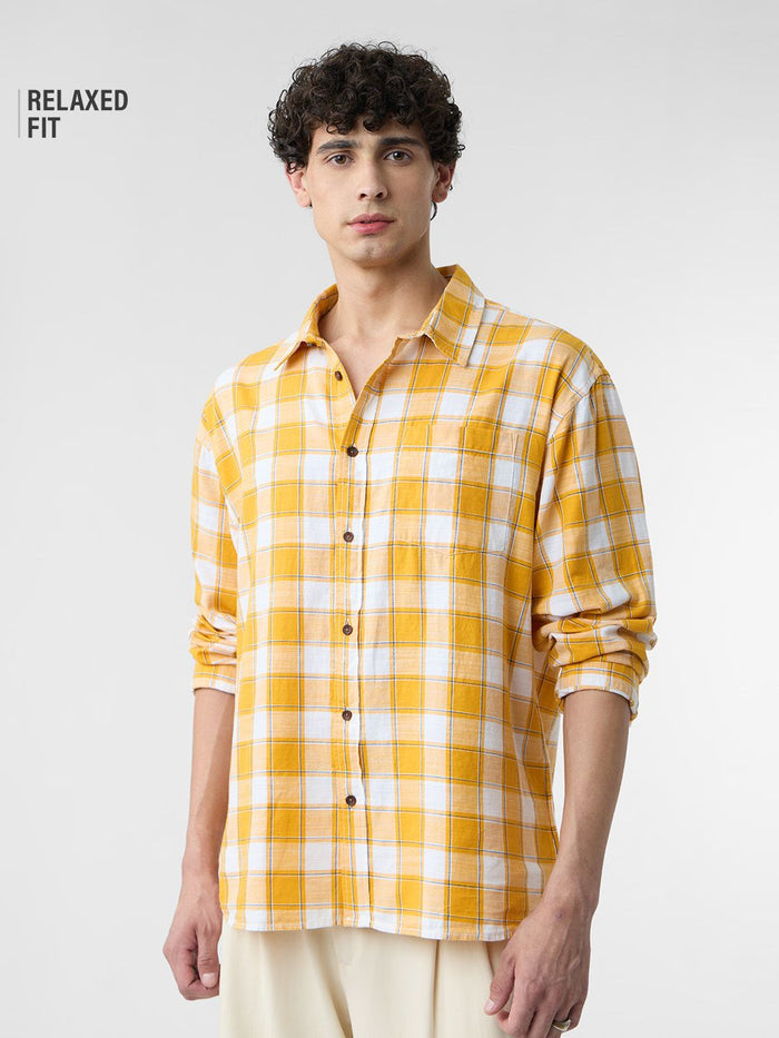 Plaid: Amber Gold Men Relaxed Shirts