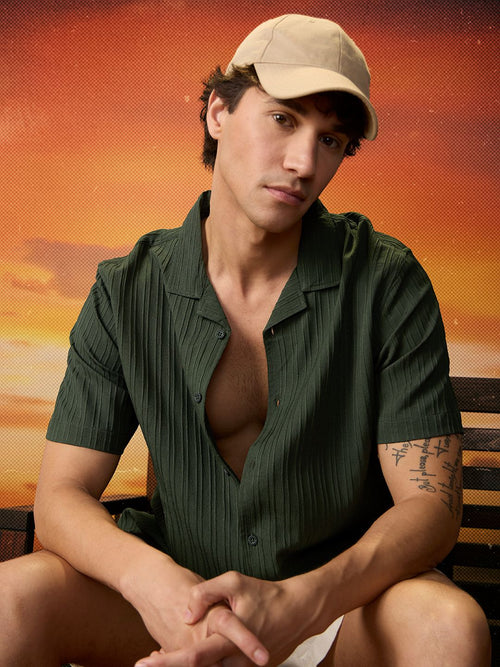 Solids: Forest Green Men Textured Shirts