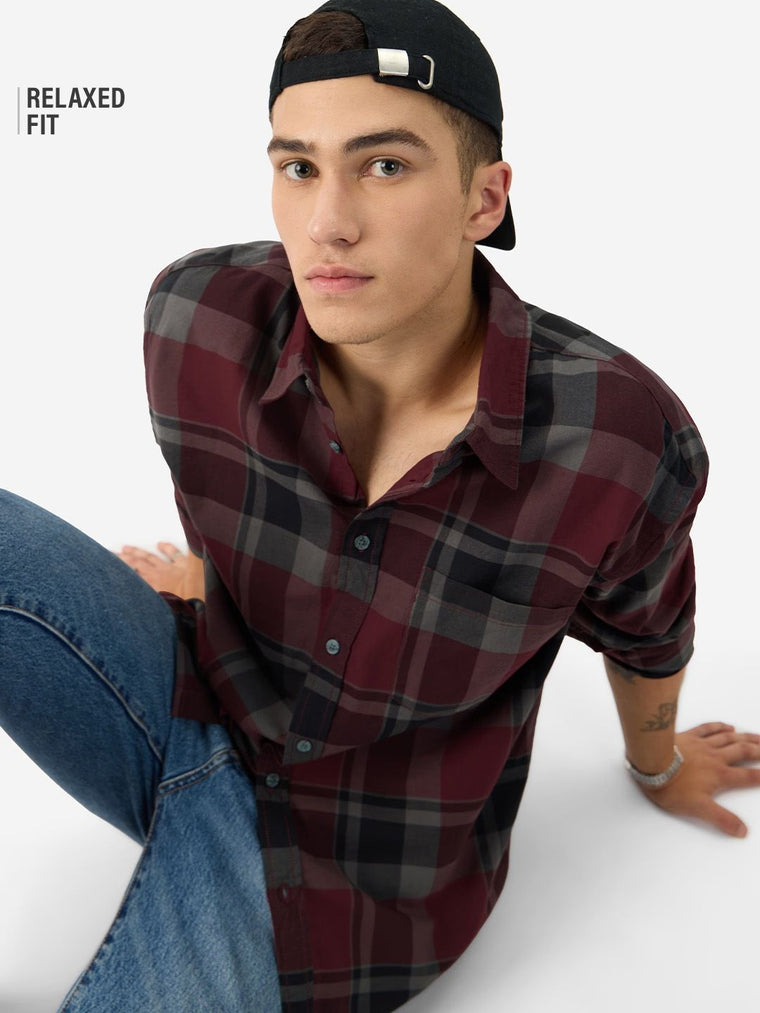 Plaid:  Red, Grey Men Relaxed Shirts