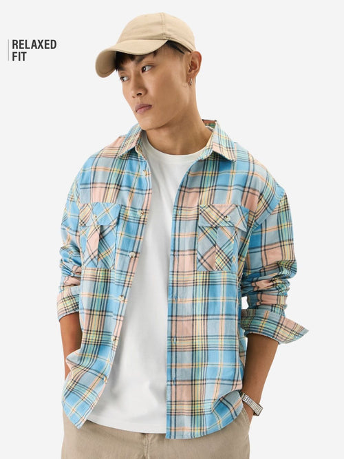 Plaid: Blue, Yellow Men Utility Shirts