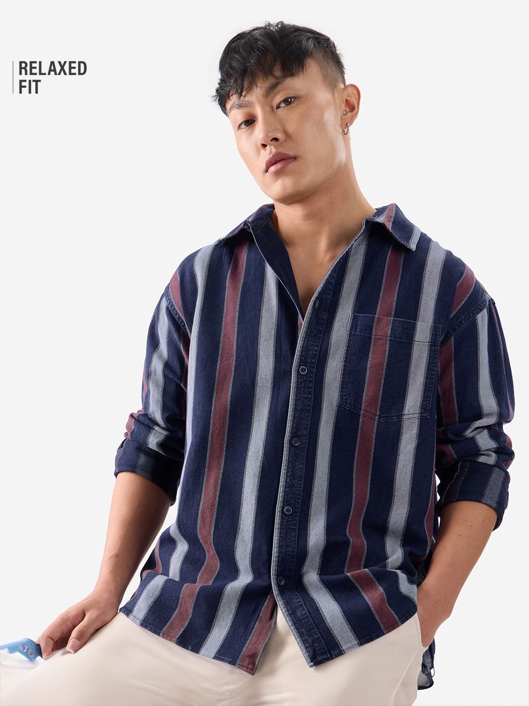 Stripes: Blue, Rust Red Men Relaxed Shirts