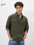 Solids: Olive Green Men Utility Shirts