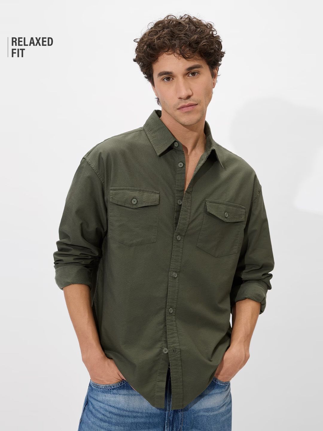 Solids: Olive Green Men Utility Shirts