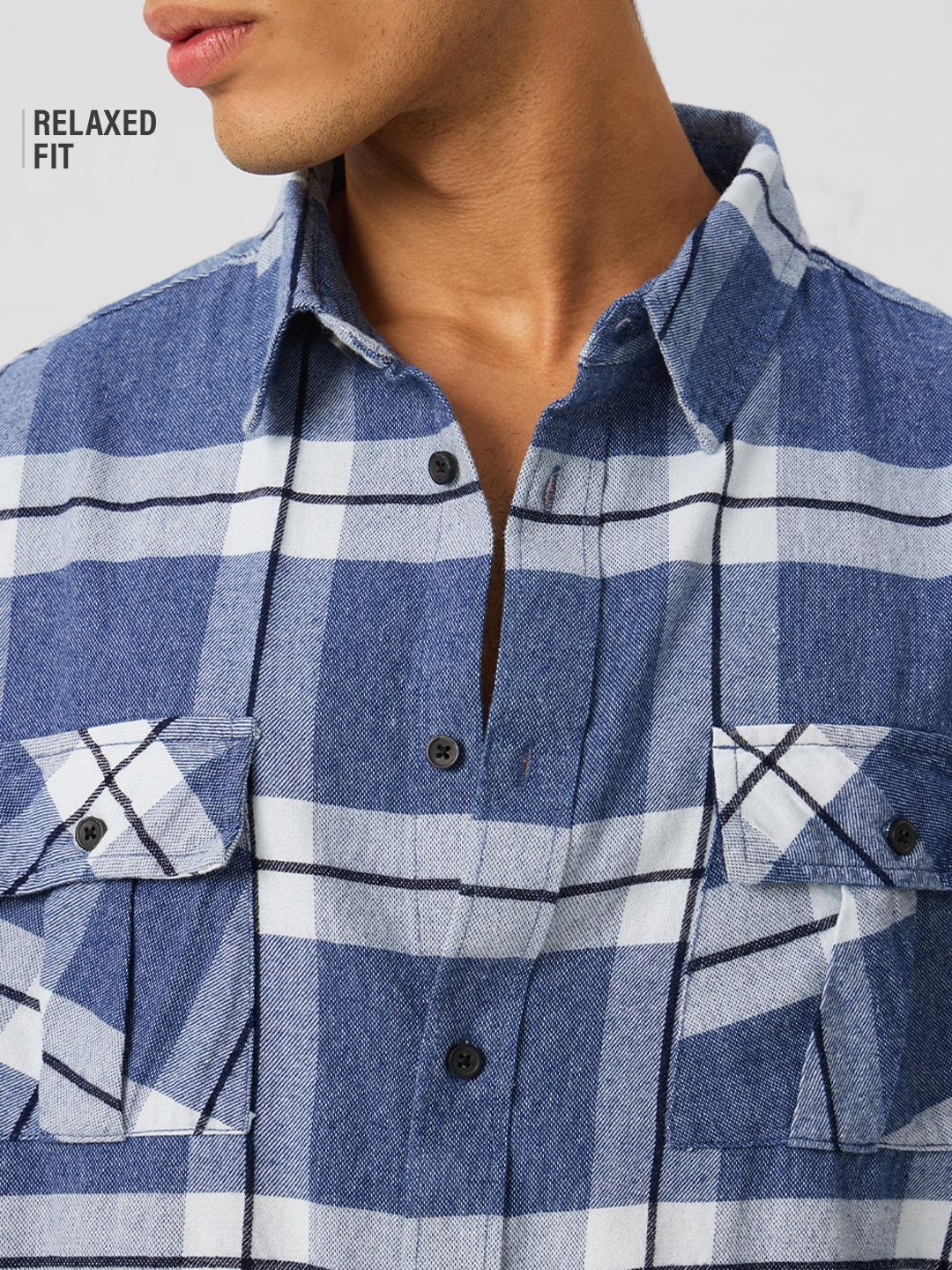 Plaid: Blue, White Men Utility Shirts