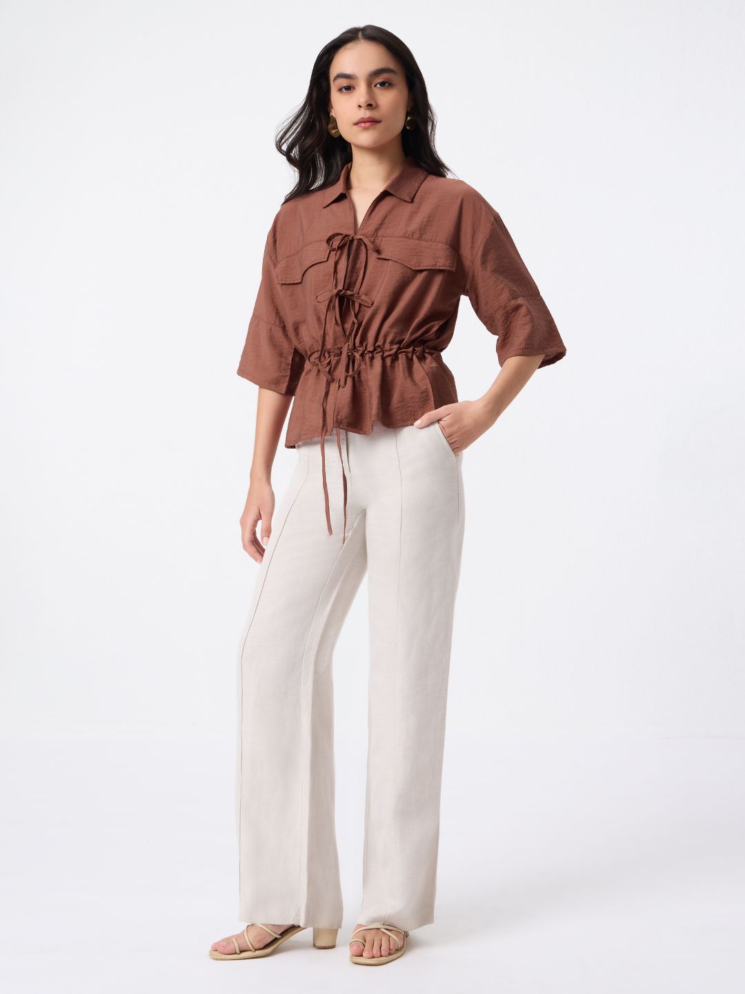 Tie-Up Shirt: Cocoa Dust Women Oversized Shirts