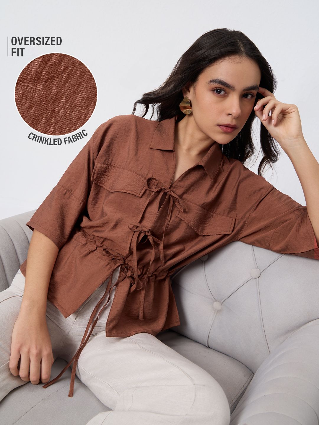 Tie-Up Shirt: Cocoa Dust Women Oversized Shirts