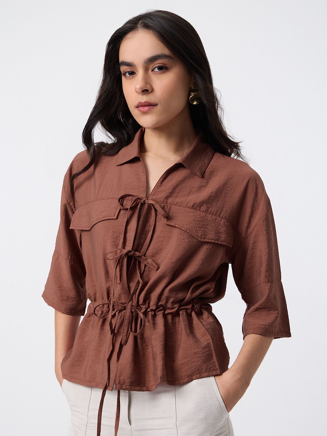 Tie-Up Shirt: Cocoa Dust Women Oversized Shirts