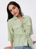 Tie-Up Shirt: Moss Green Women Oversized Shirts
