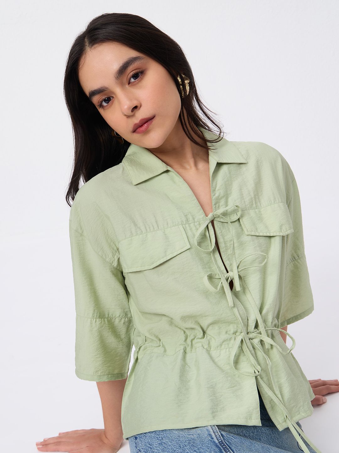 Tie-Up Shirt: Moss Green Women Oversized Shirts