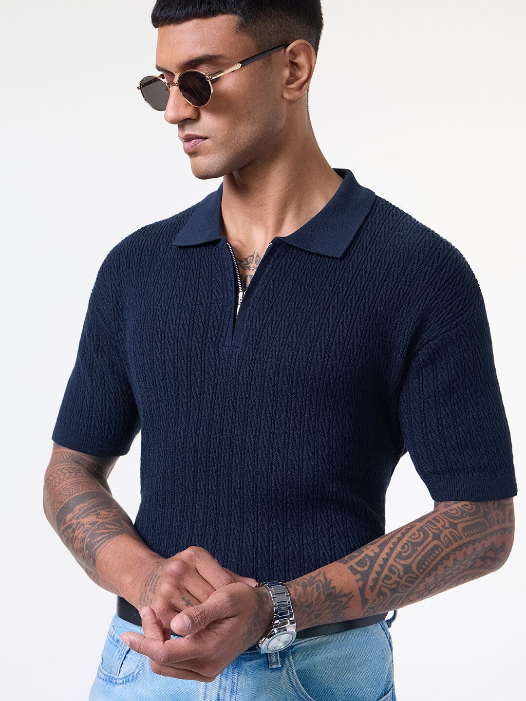 Jacquard Polo: Midnight Wave Zipper Polos