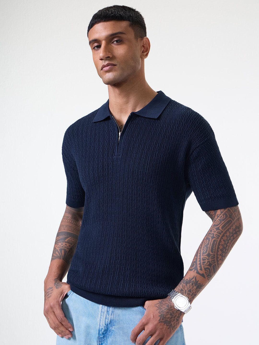 Jacquard Polo: Midnight Wave Zipper Polos