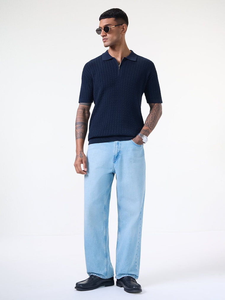 Jacquard Polo: Midnight Wave Zipper Polos