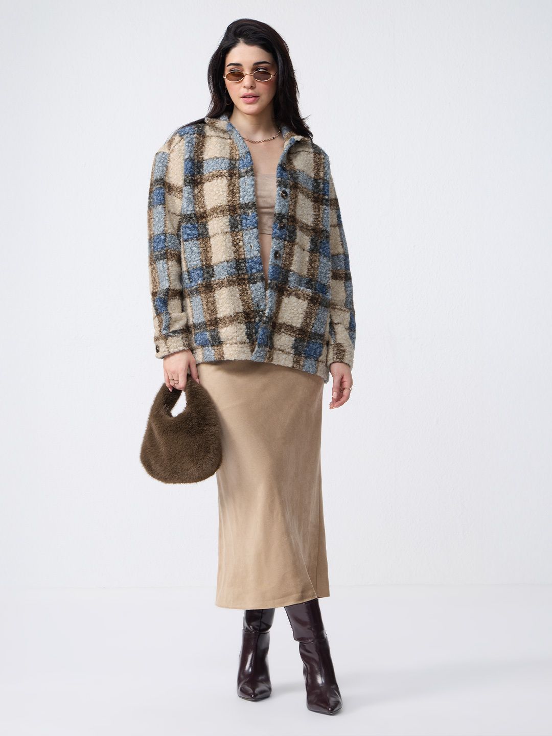 Plaid Teddy Shacket: Brown Women Shackets