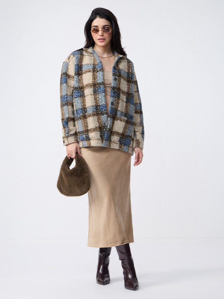 Plaid Teddy Shacket: Brown Women Shackets