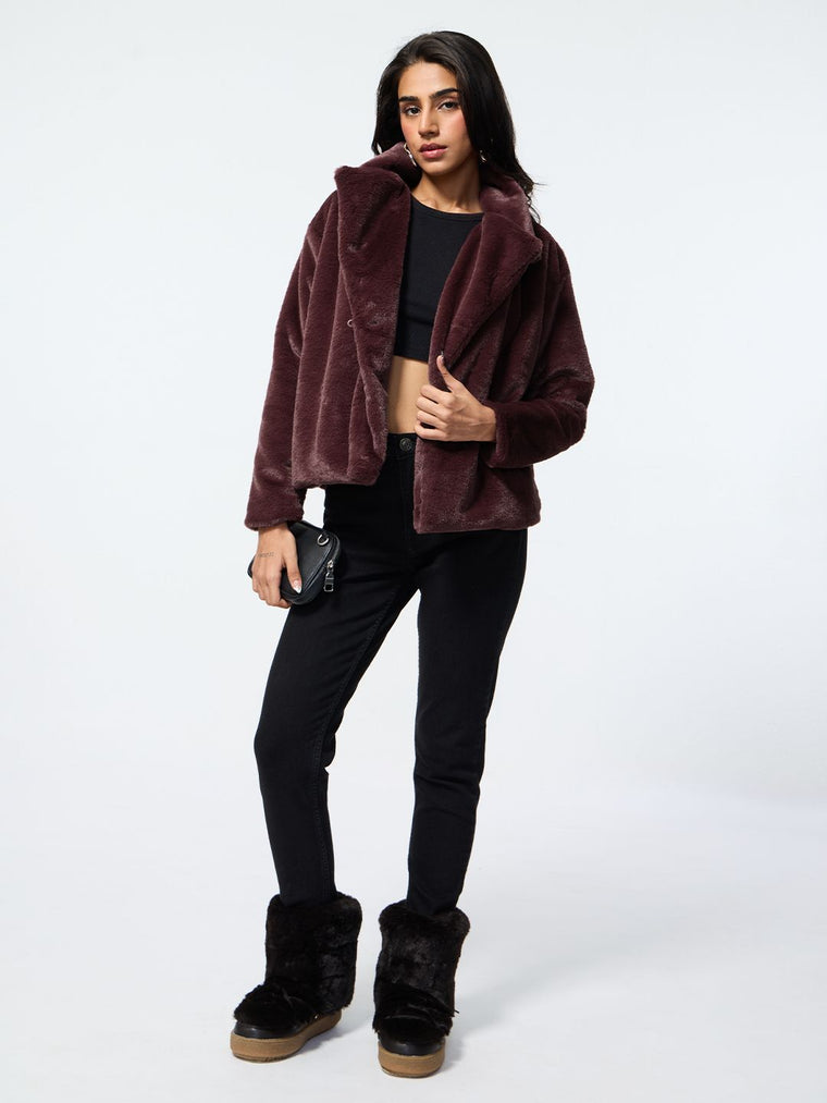 Fur Jacket: Wine Women Oversized Jackets