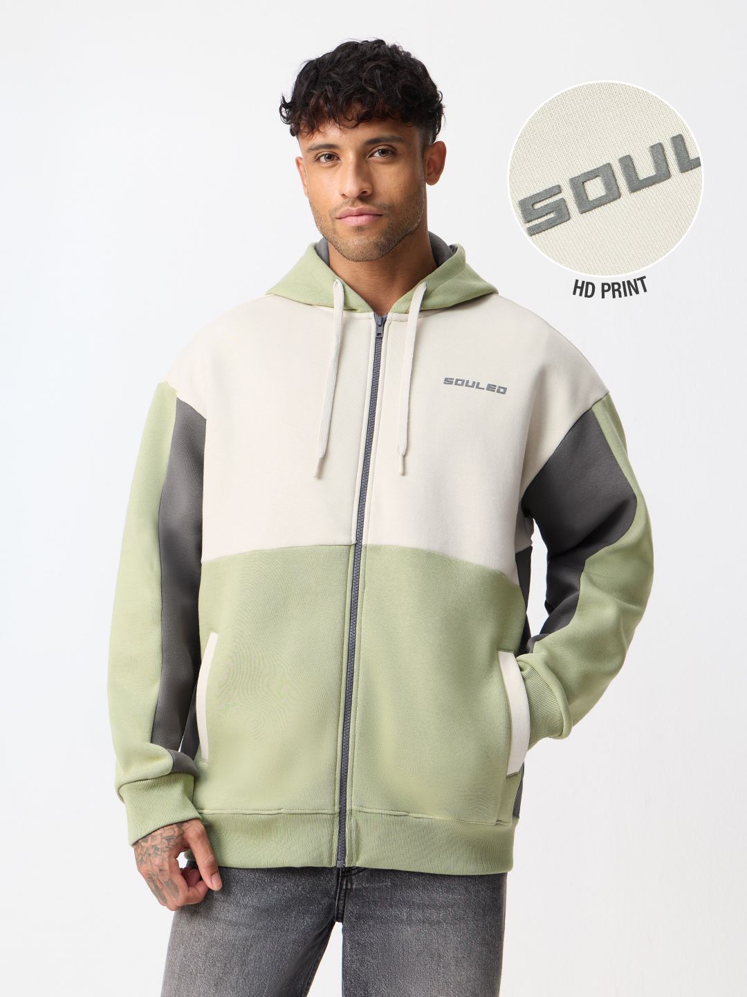 Colourblock Hoodie: Sage Stone Men Oversized Hoodies