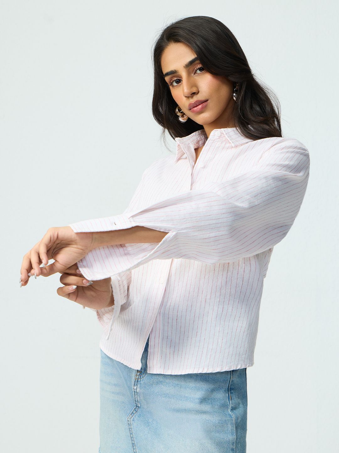 Cotton Linen Shirt: Ruby Streak Women Regular Shirts
