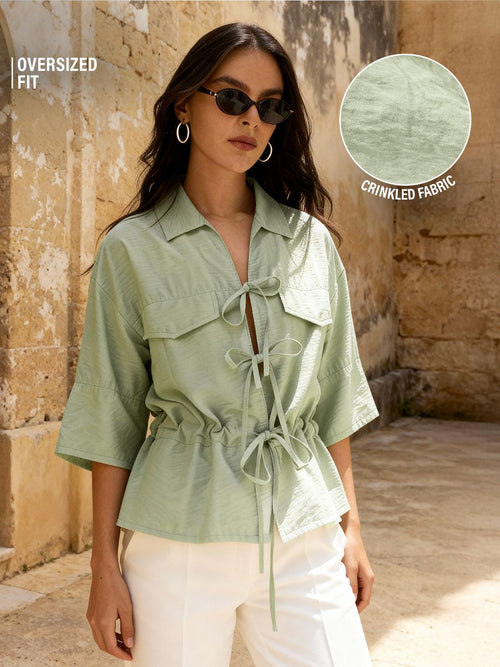 Tie-Up Shirt: Moss Green Women Oversized Shirts