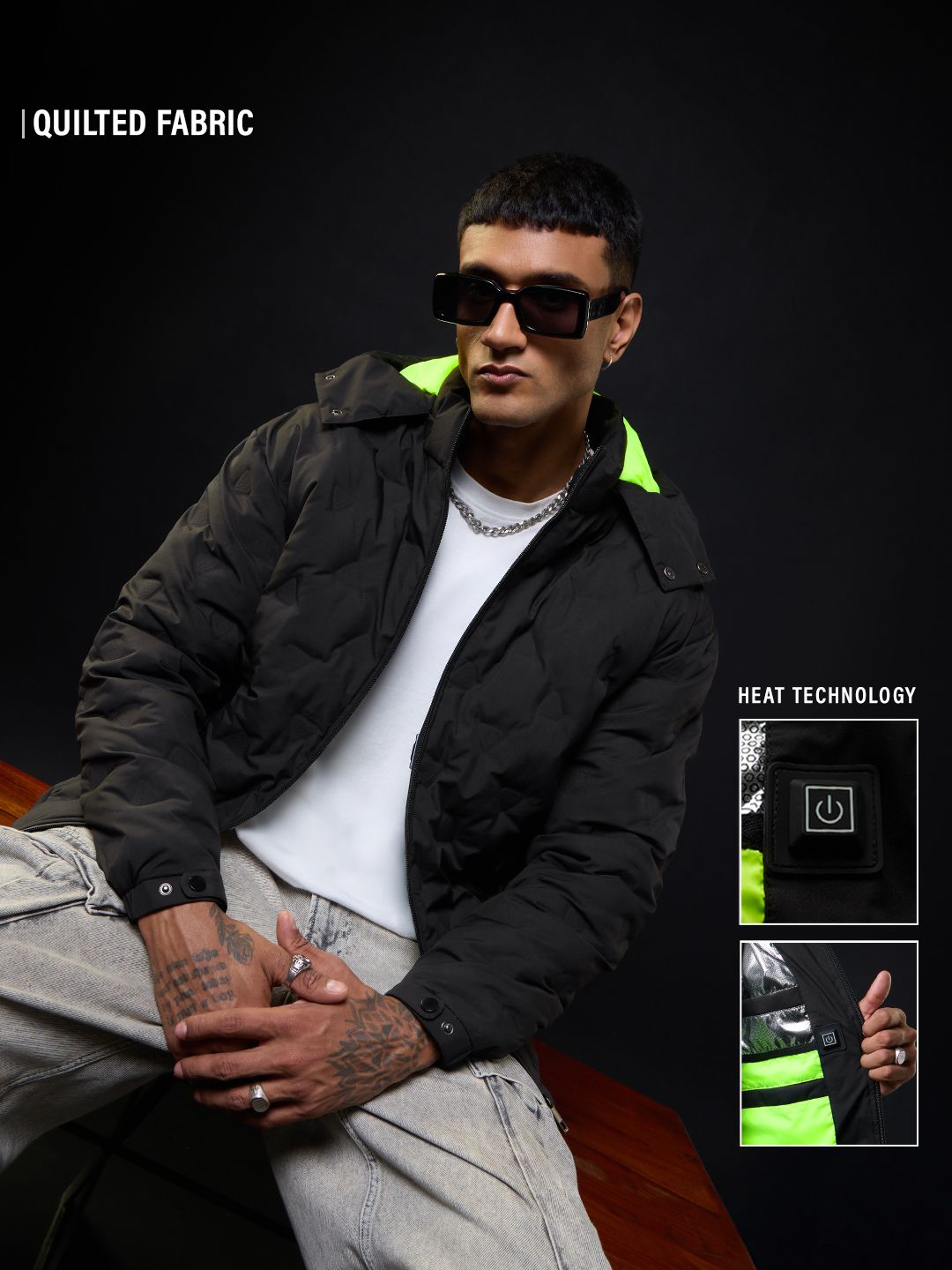 Heat Tech Jacket: Neon Drift Men Puffer Jackets