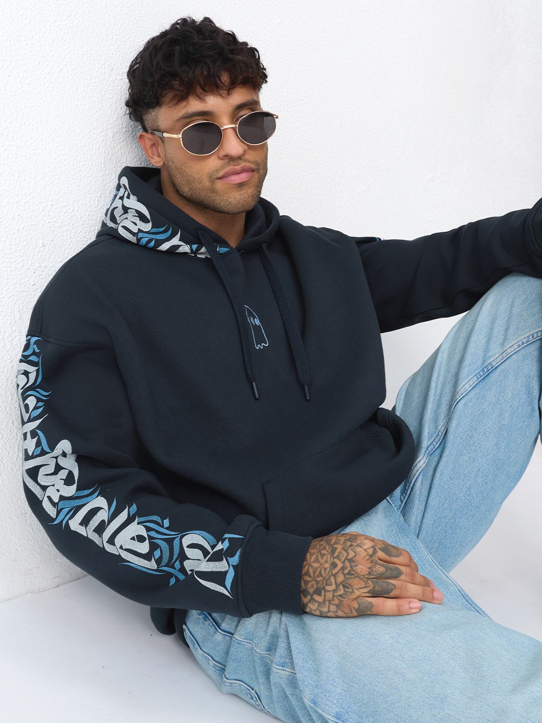 Souled Originals: Blue Calligraphy Men Oversized Hoodies