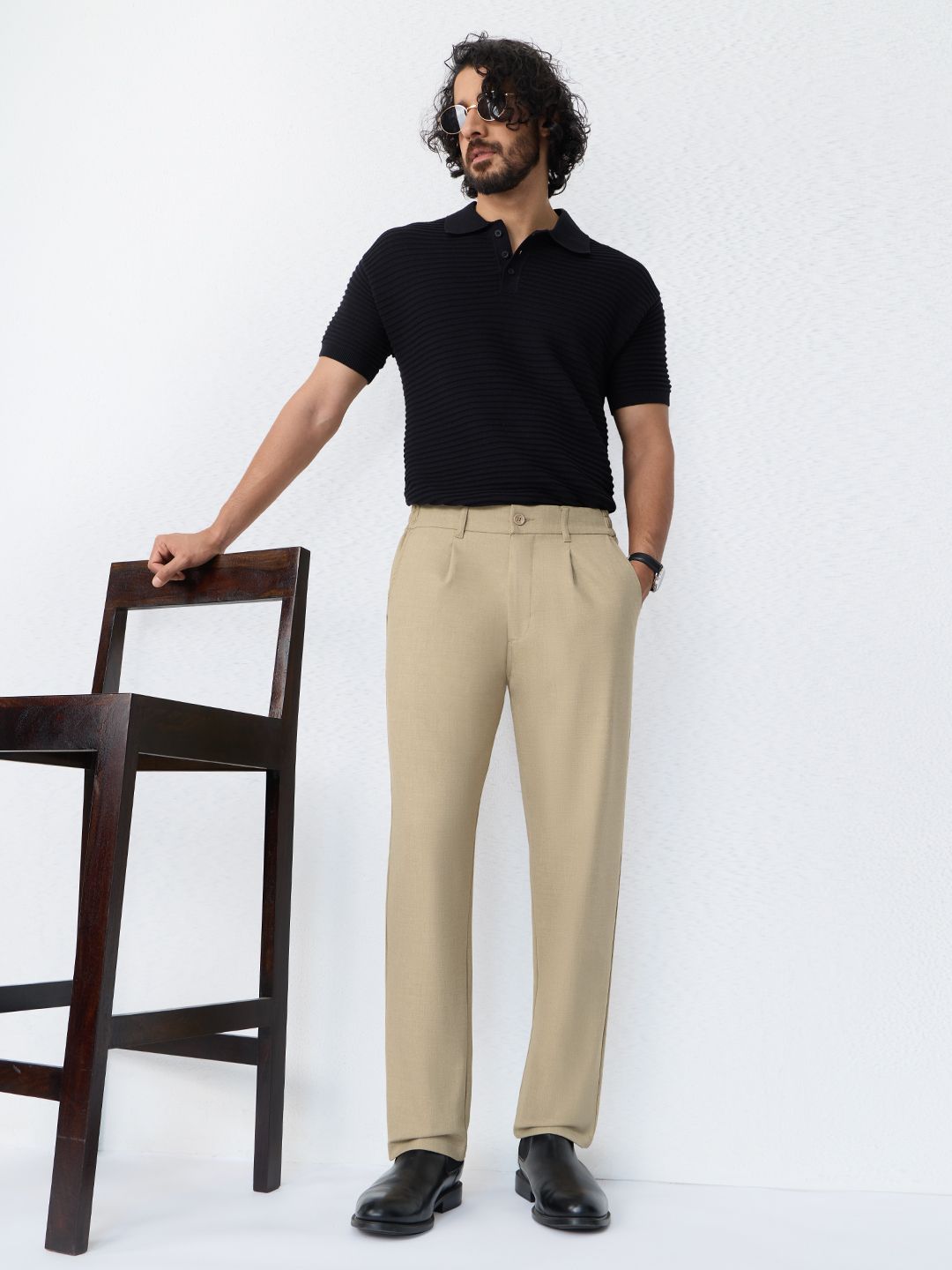 Pleated Pants: Classic Beige Men Super Flex Pants