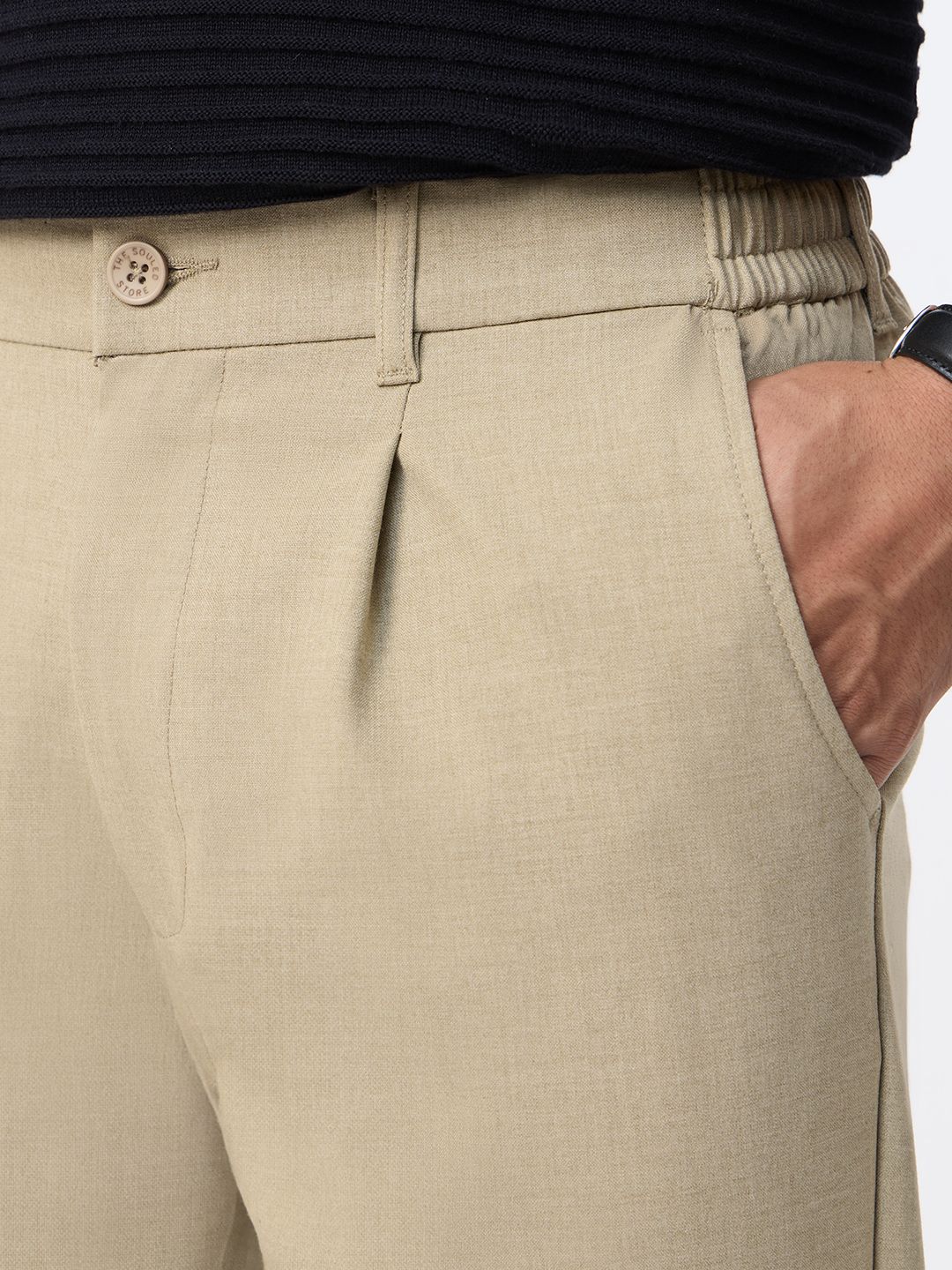 Pleated Pants: Classic Beige Men Super Flex Pants