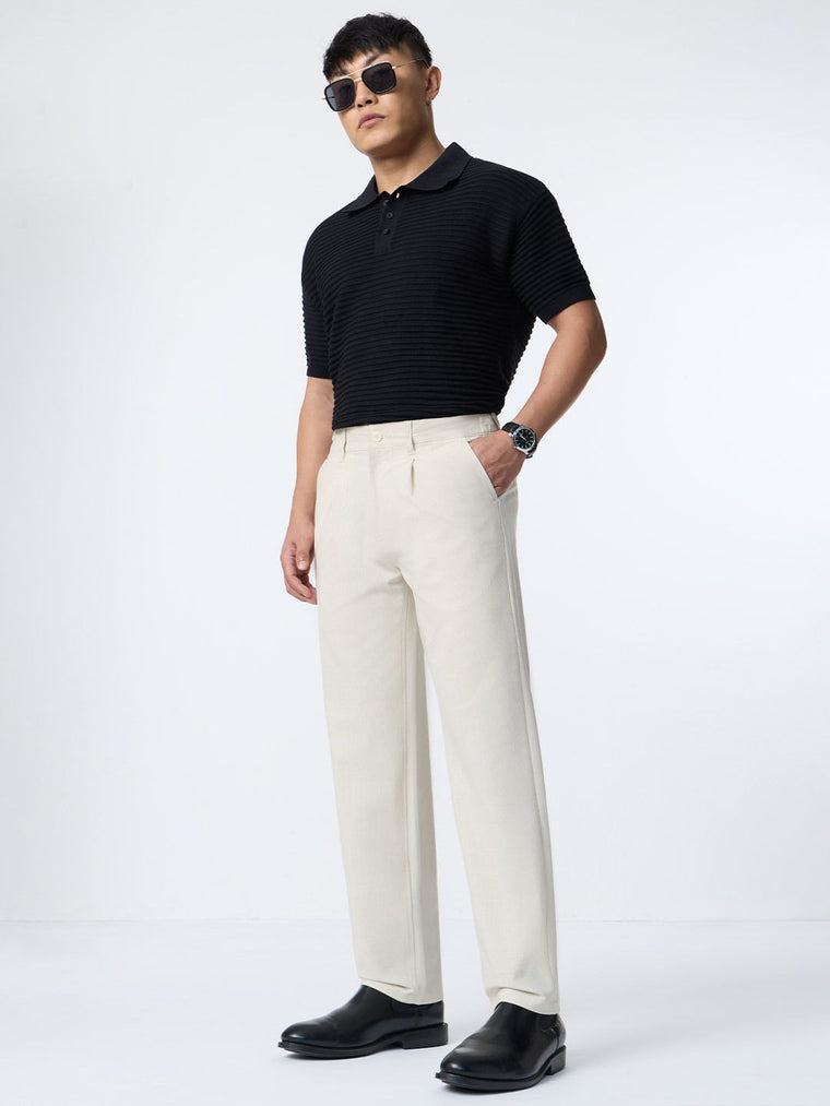 Straight Pleated Pants: Ivory Cream Men Super Flex Pants