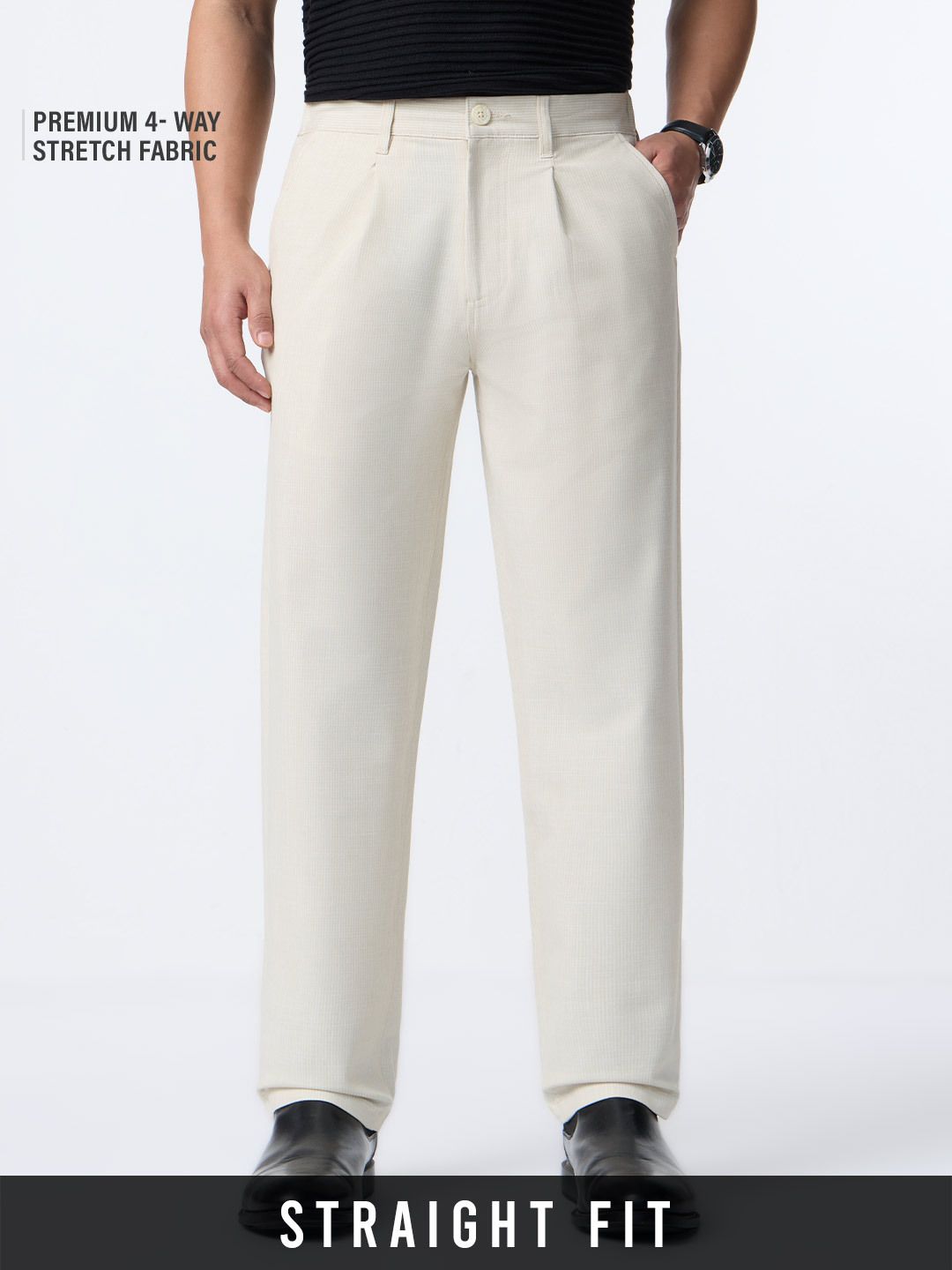 Straight Pleated Pants: Ivory Cream Men Super Flex Pants