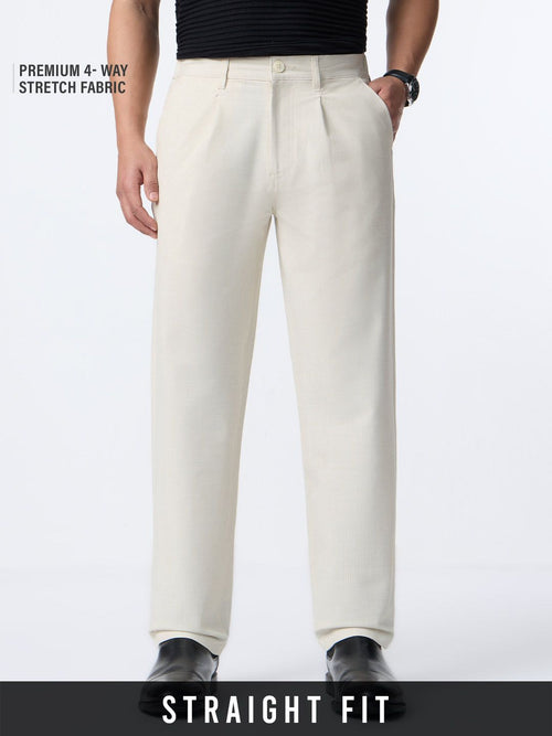 Straight Pleated Pants: Ivory Cream Men Super Flex Pants