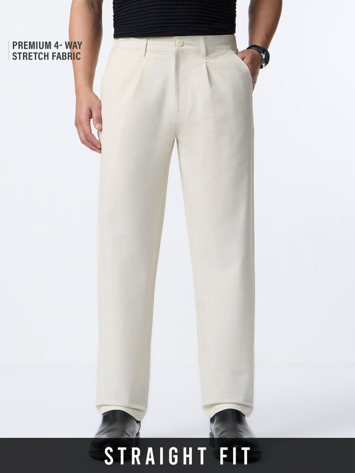 Straight Pleated Pants: Ivory Cream Men Super Flex Pants