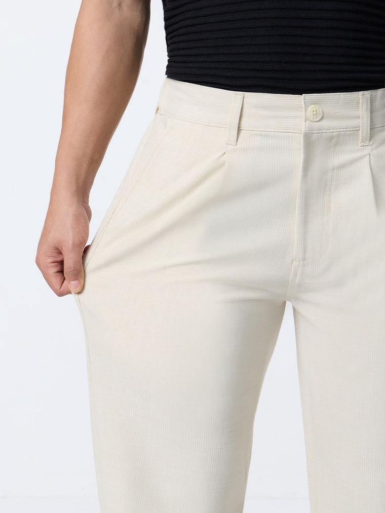 Straight Pleated Pants: Ivory Cream Men Super Flex Pants