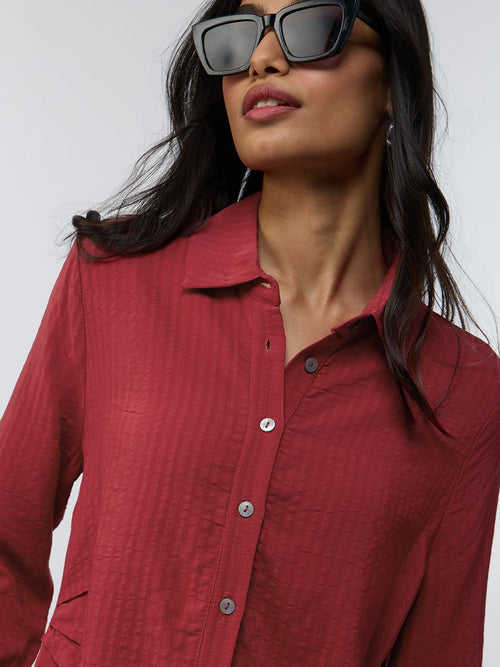 Side Rouching Shirt: Red Women Fitted Shirts