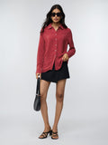 Side Rouching Shirt: Red Women Fitted Shirts