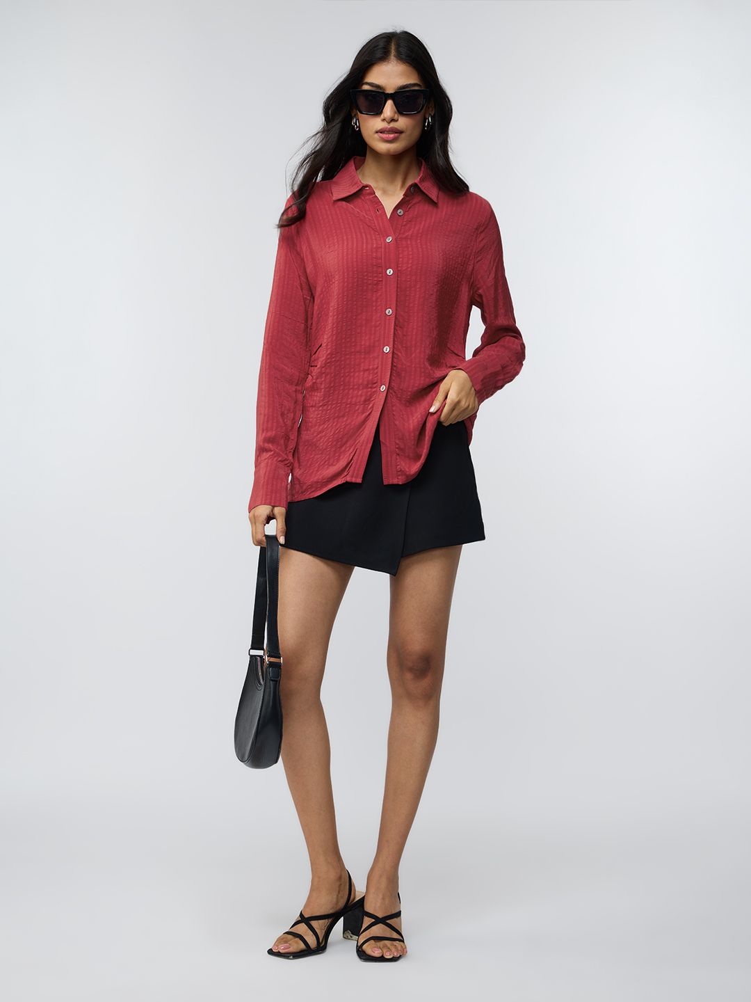 Side Rouching Shirt: Red Women Fitted Shirts