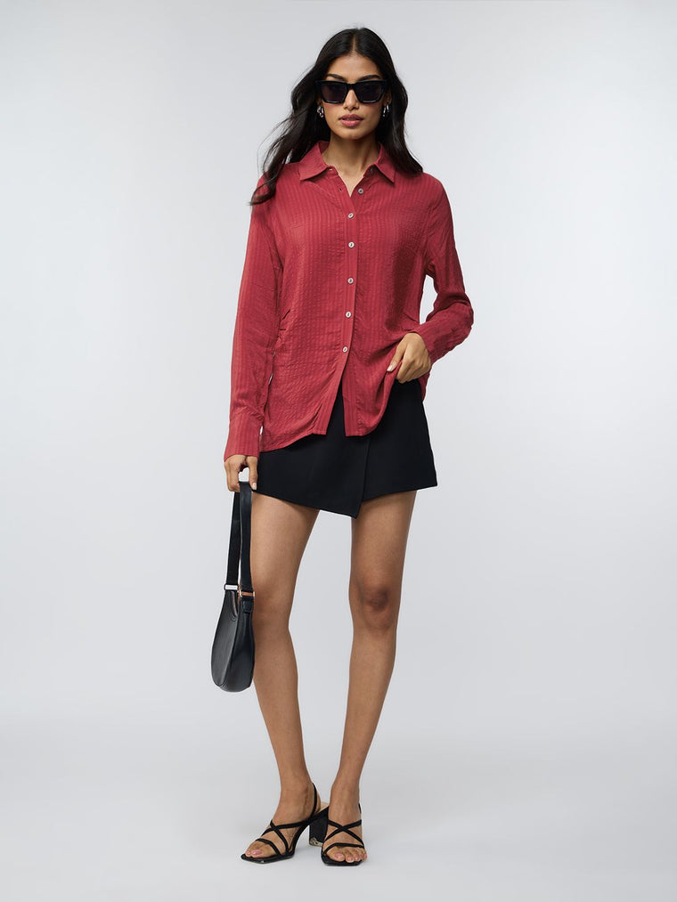 Side Rouching Shirt: Red Women Fitted Shirts