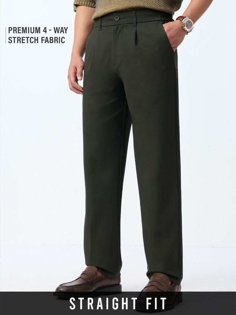 Straight Pleated Pants: Midnight Green Men Super Flex Pants