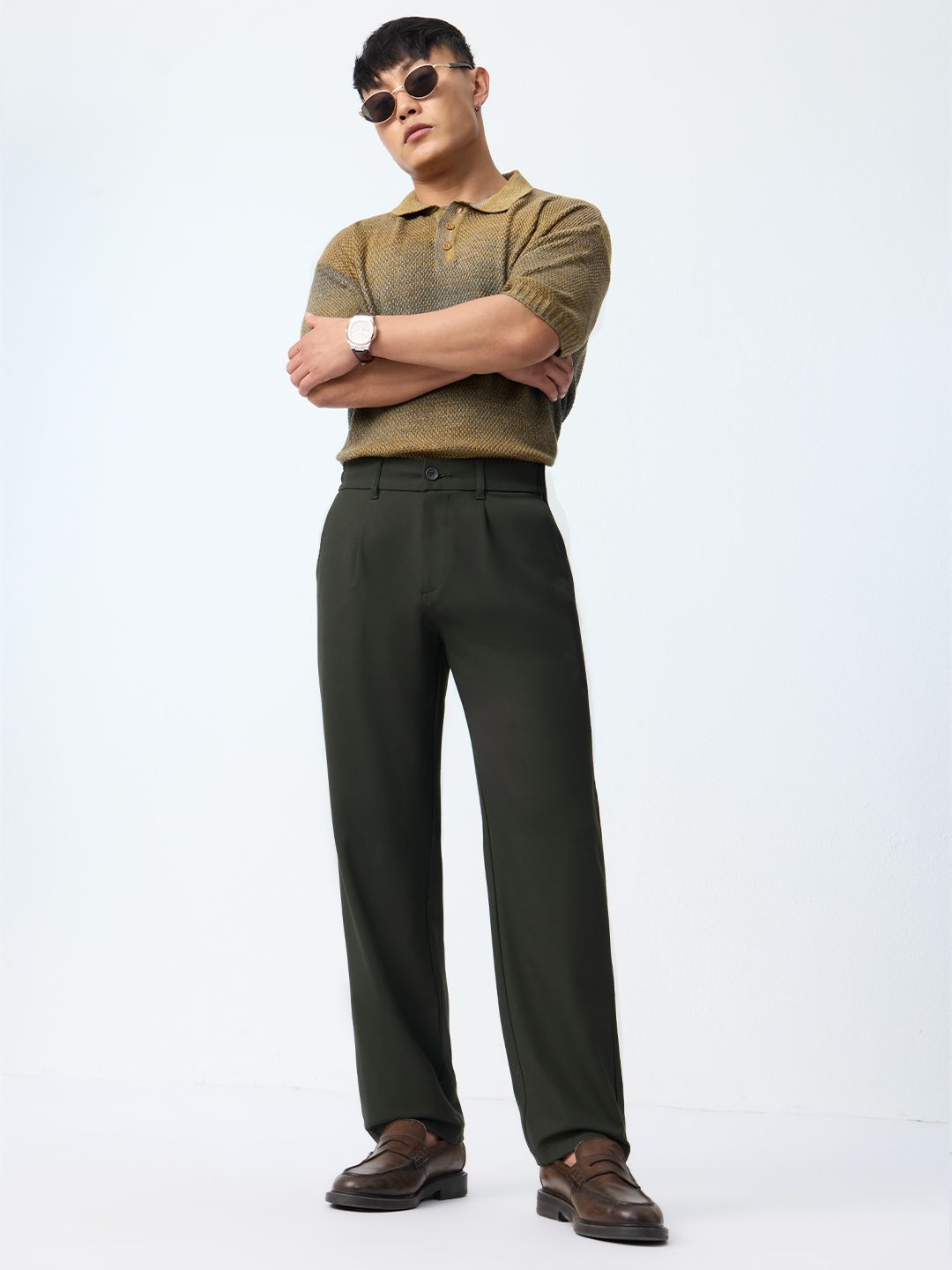 Straight Pleated Pants: Midnight Green Men Super Flex Pants
