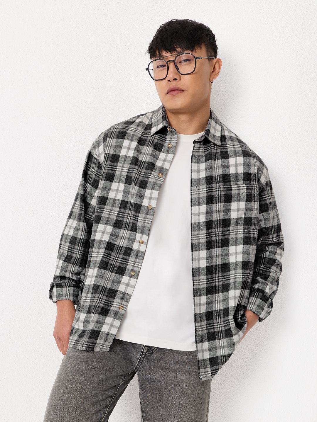 Plaid Shirt: Grey Grid Men Relaxed Shirts