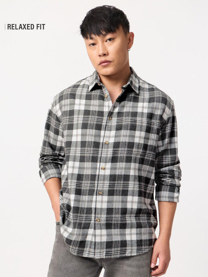 Plaid Shirt: Grey Grid Men Relaxed Shirts