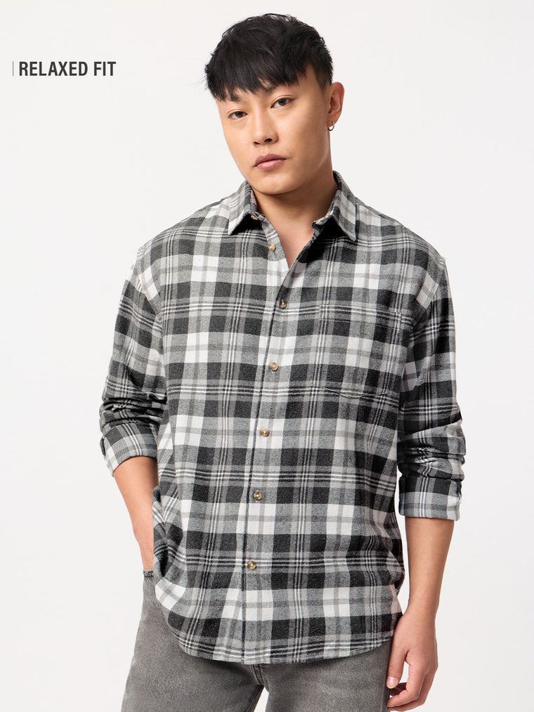 Plaid Shirt: Grey Grid Men Relaxed Shirts