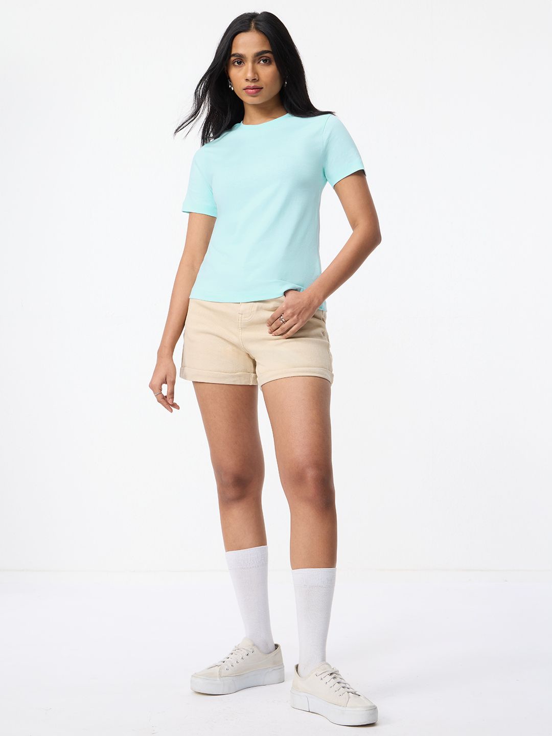 Regular Solids: Light Aqua Women Regular T-Shirts