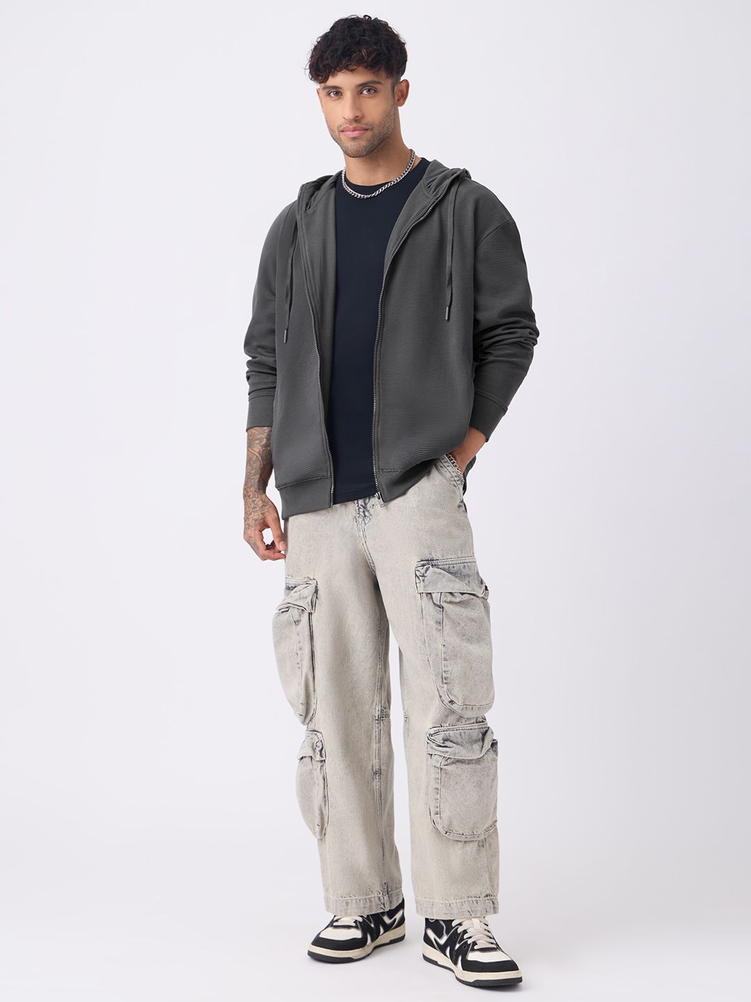 Textured Hoodie: Smoke Grey Men Oversized Hoodies