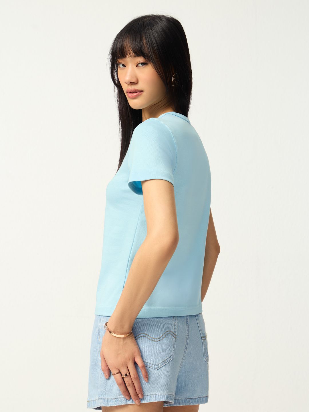 Regular Solids: Baby Blue Women Regular T-Shirts