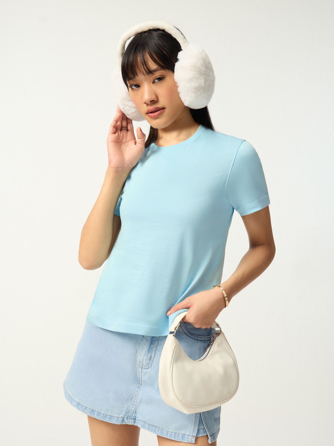Regular Solids: Baby Blue Women Regular T-Shirts