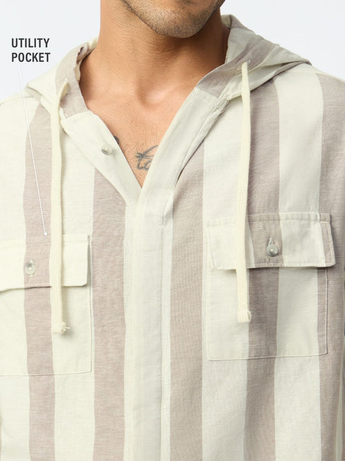 Cotton Linen Hooded Shirt: Nougat Cotton Linen Shirts