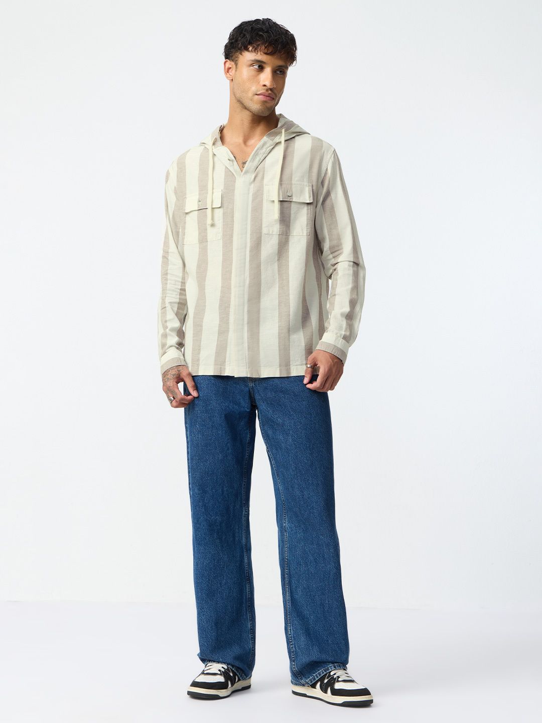 Cotton Linen Hooded Shirt: Nougat Cotton Linen Shirts